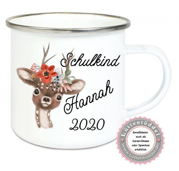 ♥ Becher Tasse Emaillebecher zauberhafte Tasse Emailletasse,Einschulung Schulkind Reh Boho KITA Wunschname, Dankeschön, Geburtstag, Jubiläum, Geschenk, Kommunion, Firmung Konfirmation, Becher von Lüttentüddel